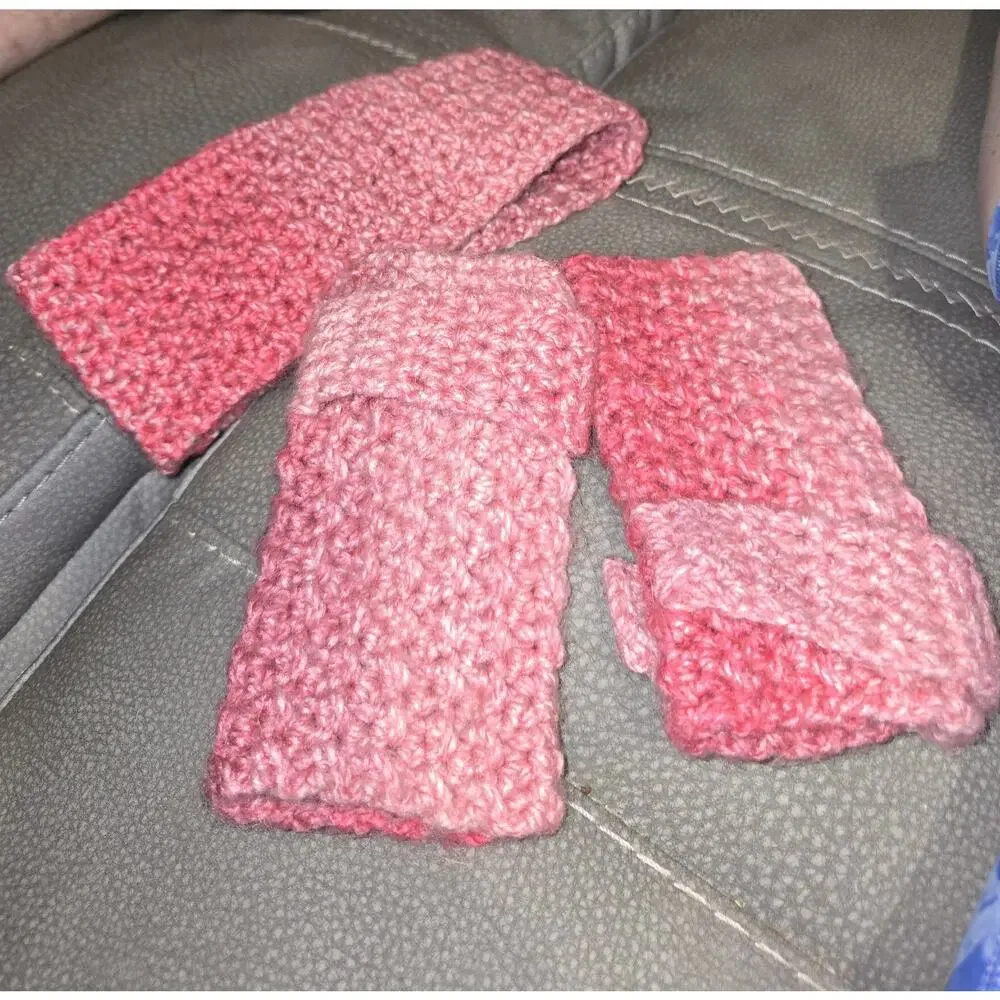 Pink Crochet Fingerless Gloves And Headband